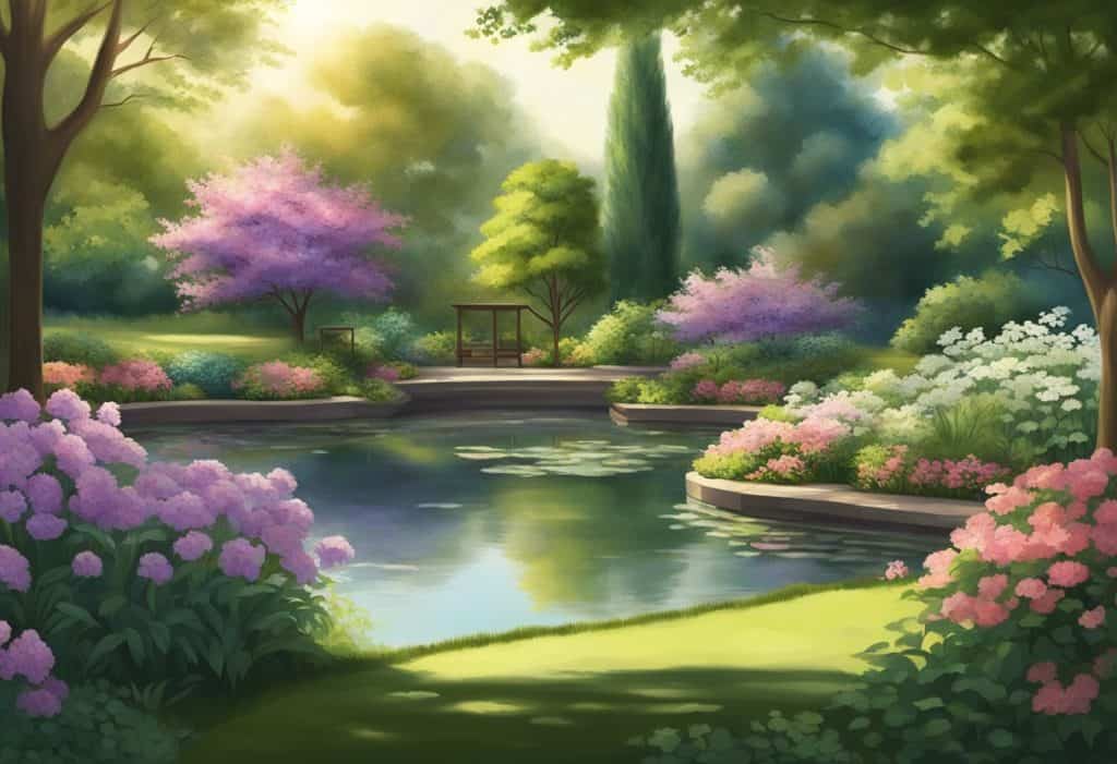 A serene garden with blooming flowers and a tranquil pond, surrounded by lush greenery and dappled sunlight filtering through the trees