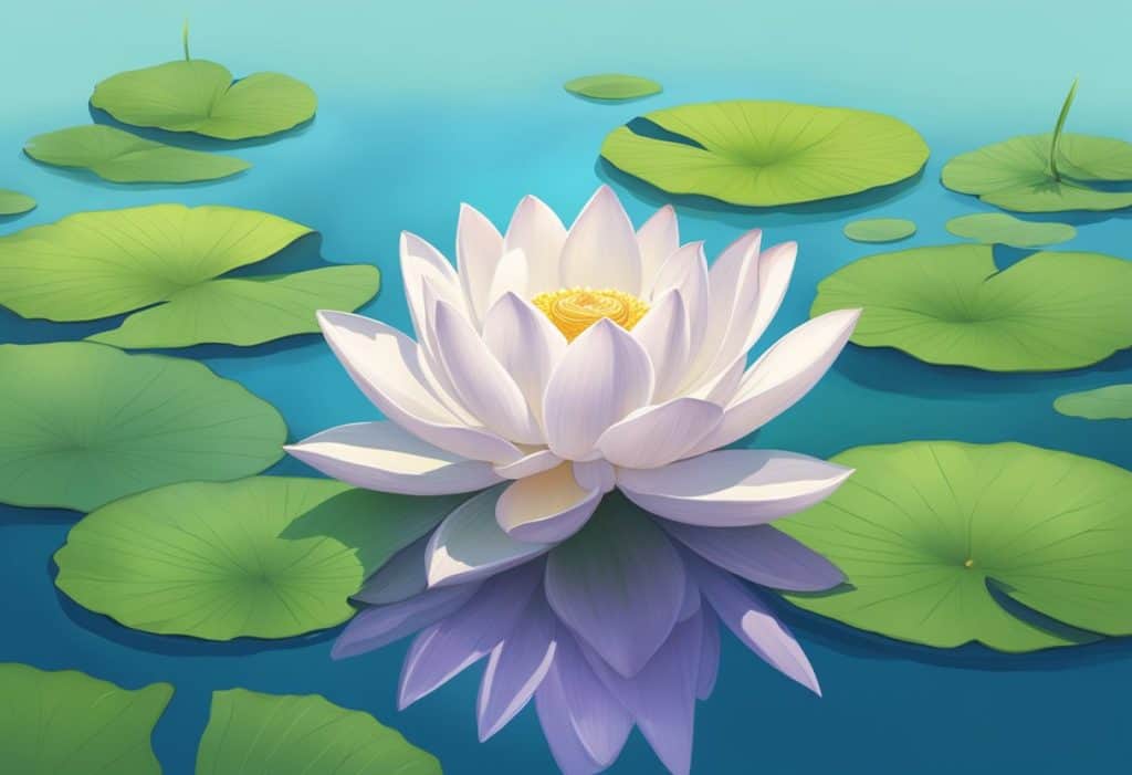 A serene lotus flower floats on calm water, surrounded by lush greenery and a clear blue sky, symbolizing the concept of Sati or mindfulness