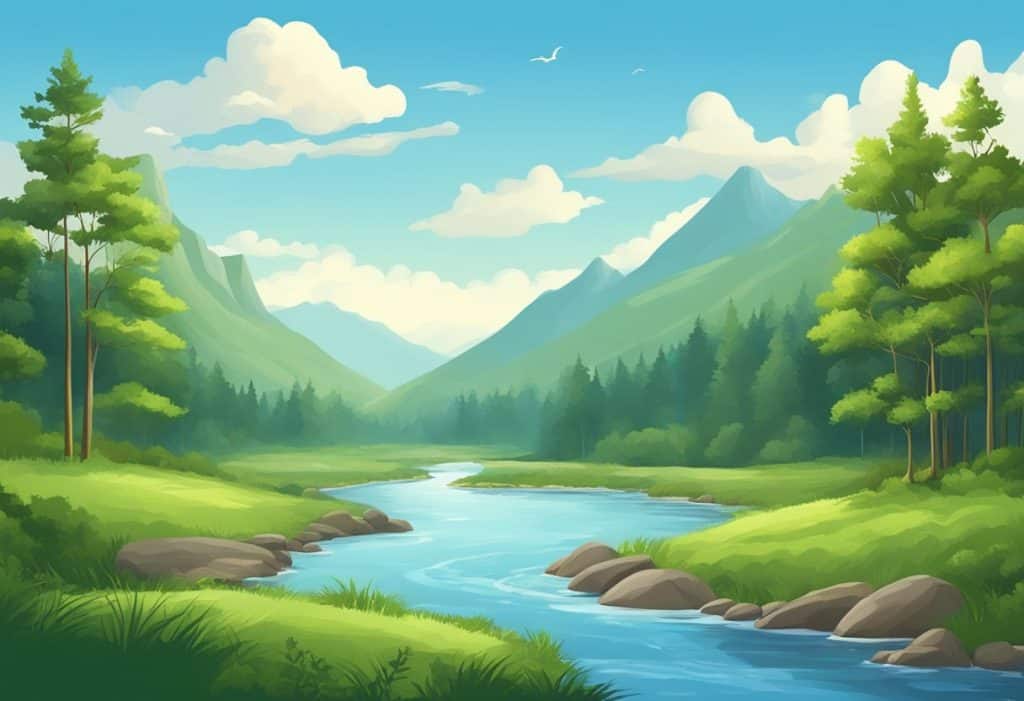 A serene landscape with a peaceful river flowing through a lush forest, surrounded by mountains under a clear blue sky