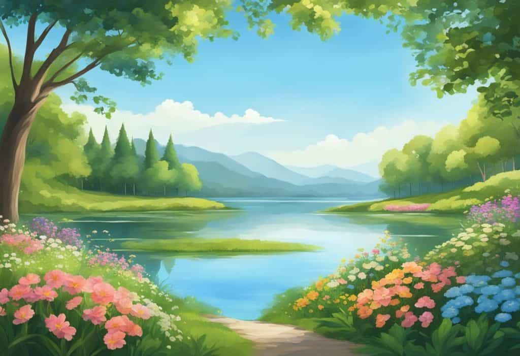 A serene landscape with a tranquil lake, surrounded by lush greenery and colorful flowers, under a clear blue sky