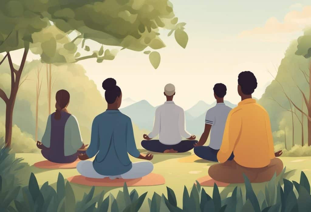 A diverse group of people practicing mindfulness in a peaceful, natural setting. The scene reflects cultural and social integration through the practice of satti or mindfulness