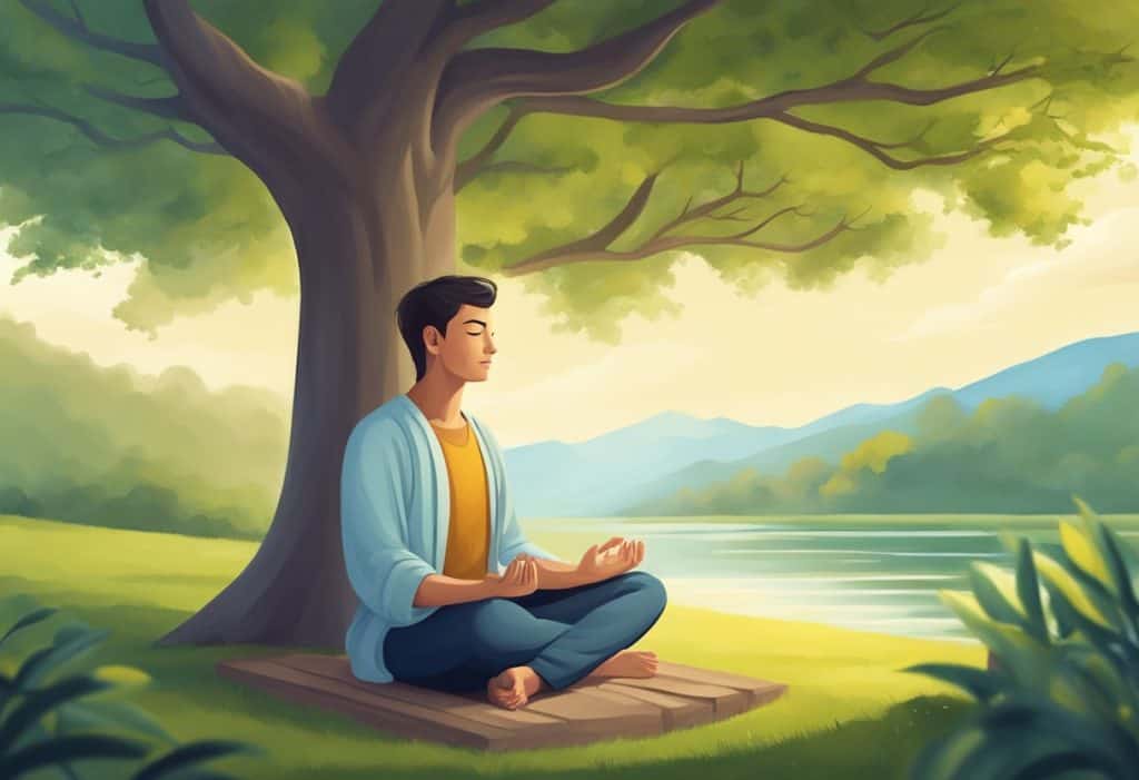 A serene person meditates under a tree, surrounded by nature, with a peaceful expression