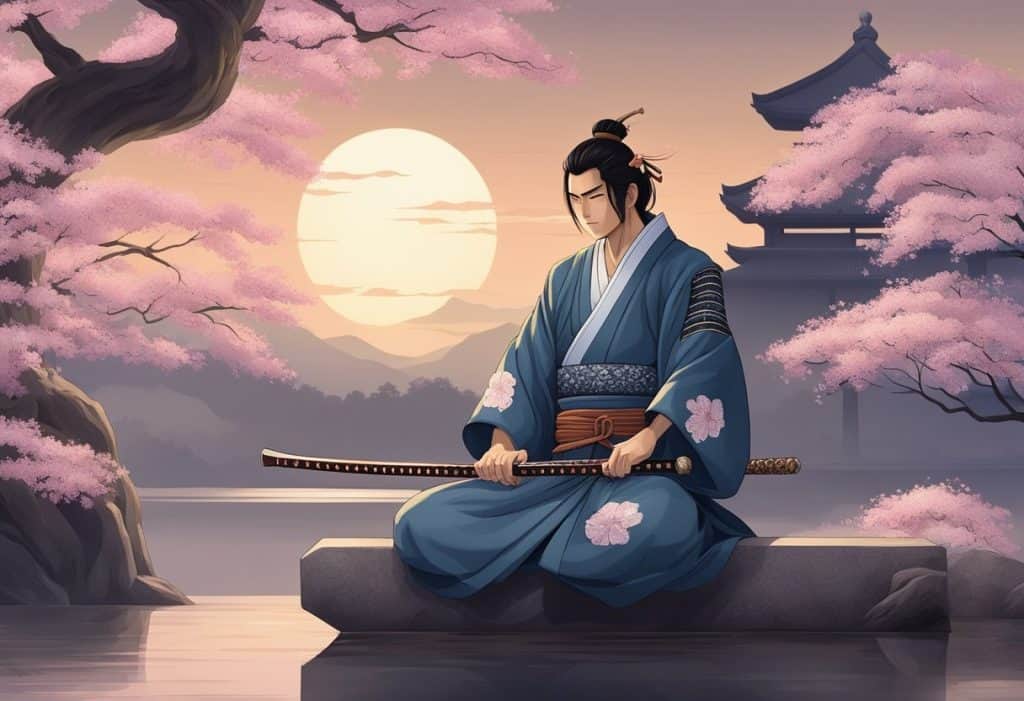 A samurai's katana gleams in the moonlight, resting on a stand adorned with intricate carvings. Cherry blossoms scatter around, adding a touch of serenity to the warrior's solemn chamber