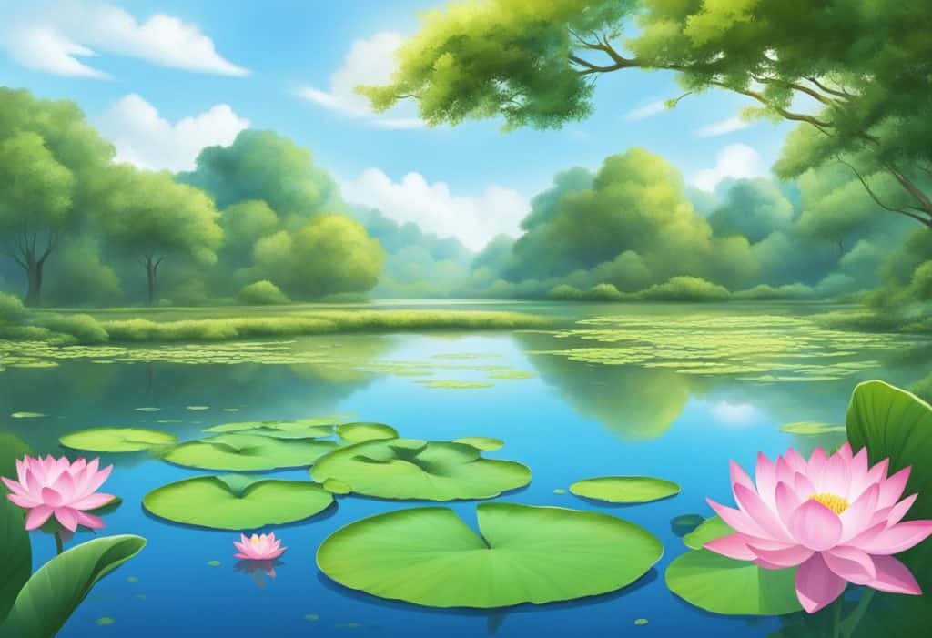 A serene landscape with a tranquil pond, surrounded by lush greenery and blooming lotus flowers, under a clear blue sky