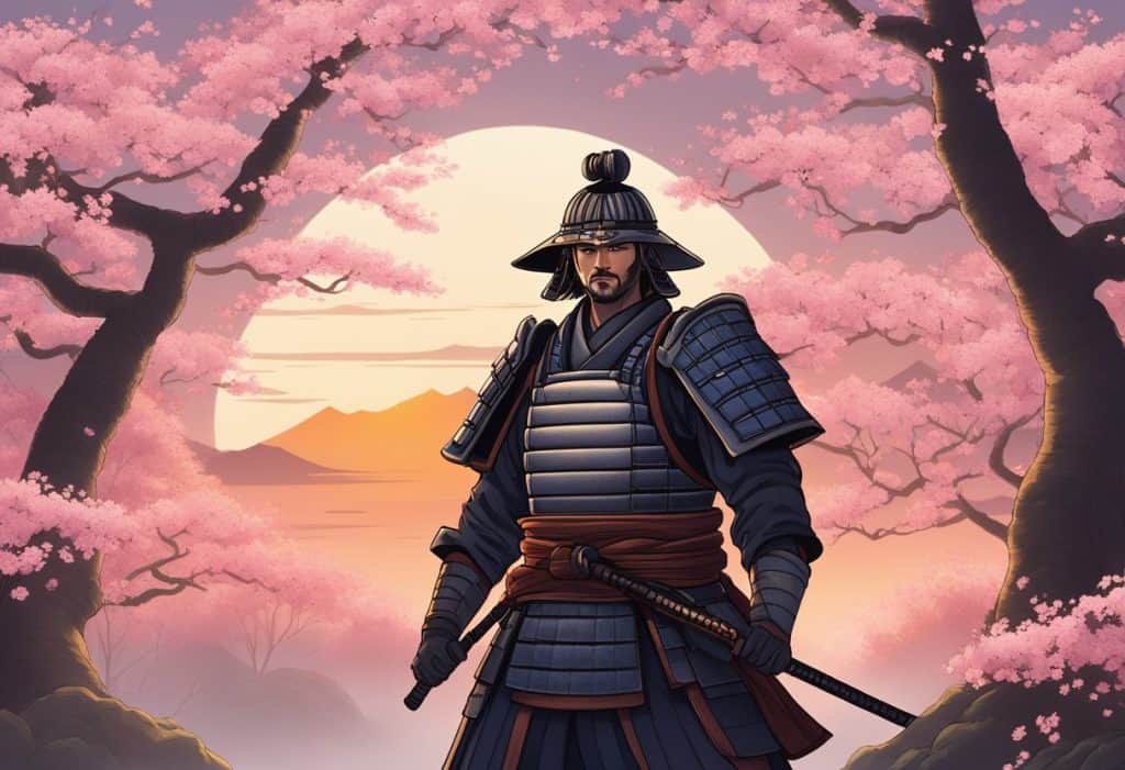 A samurai warrior stands in front of a traditional Japanese temple, surrounded by cherry blossom trees in full bloom. The sun sets in the background, casting a warm glow over the scene