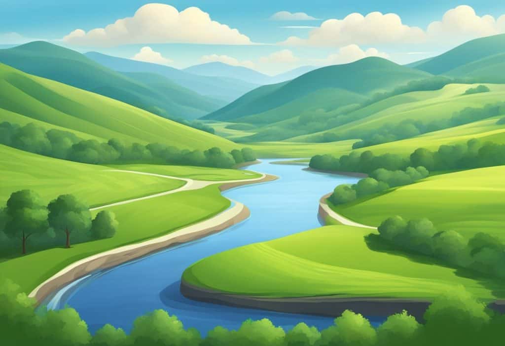 A serene landscape with a clear blue sky, rolling green hills, and a tranquil river winding through the scene