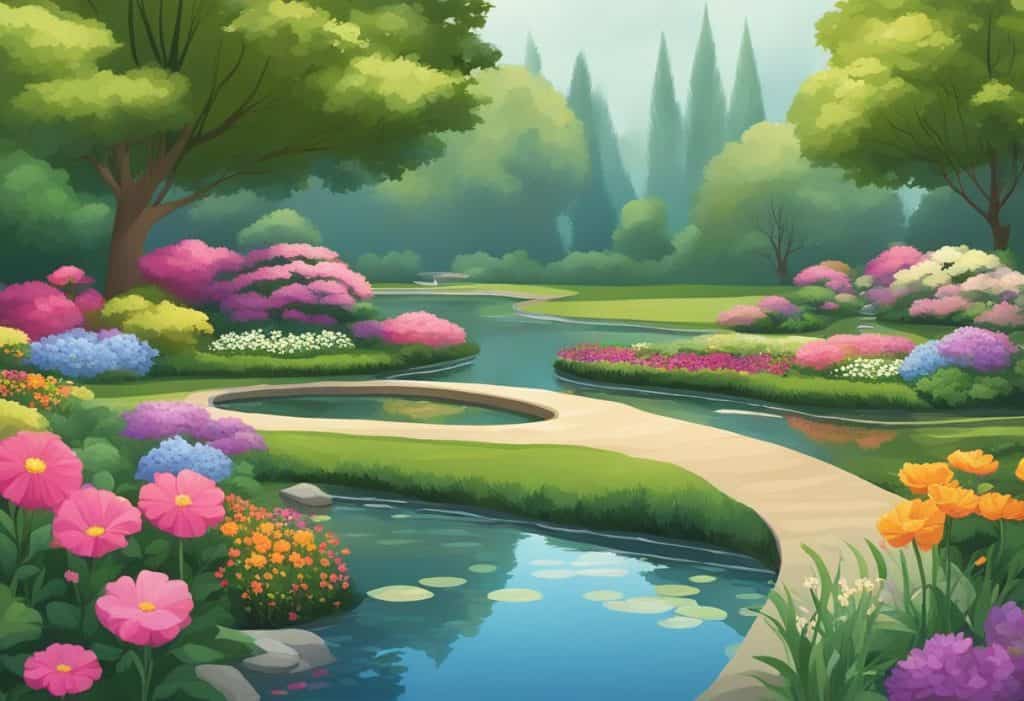A serene garden with vibrant flowers, winding paths, and a tranquil pond reflecting the surrounding trees