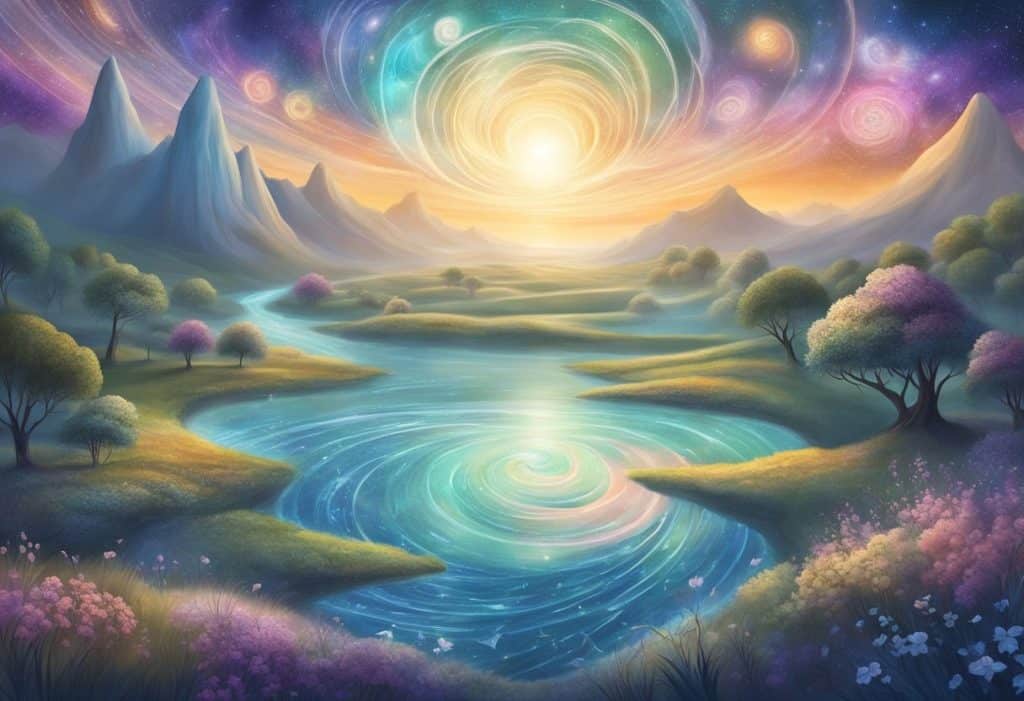 A serene, ethereal landscape with swirling cosmic energies and abstract symbols representing spiritual and philosophical dimensions