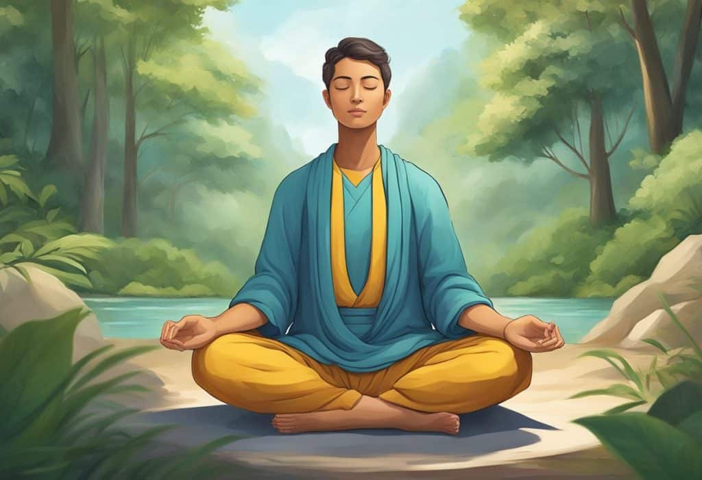 A serene figure sits cross-legged, surrounded by nature, with eyes closed in deep meditation