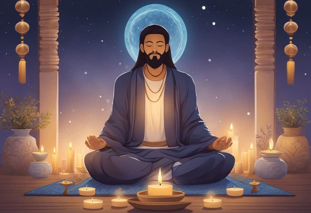 A serene setting with a person meditating in lotus position, surrounded by candles and incense, with a mala (prayer beads) in hand