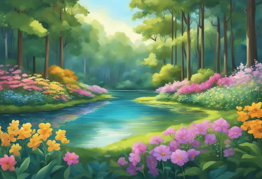A serene forest with a tranquil pond, surrounded by lush greenery and colorful flowers, with a clear blue sky above