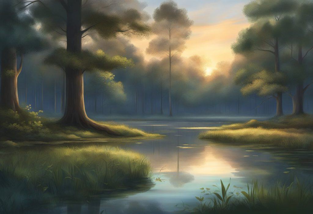 A serene forest clearing at dusk, with a tranquil pond reflecting the deepening sky, surrounded by ancient trees and the sound of gentle rustling leaves