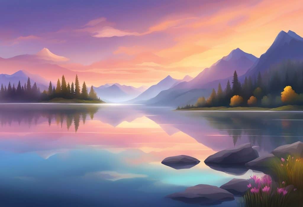 A serene mountain landscape with misty peaks and a tranquil lake reflecting the colorful sky at sunset