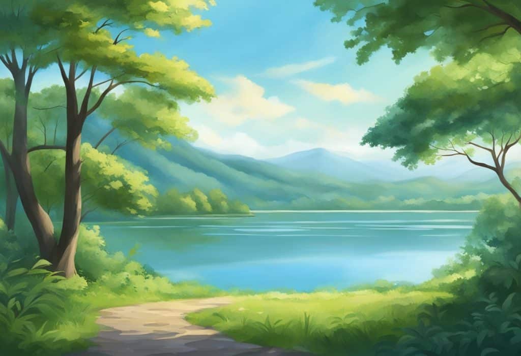 A serene setting with a calm lake surrounded by lush greenery, a clear blue sky above, and a sense of tranquility in the air