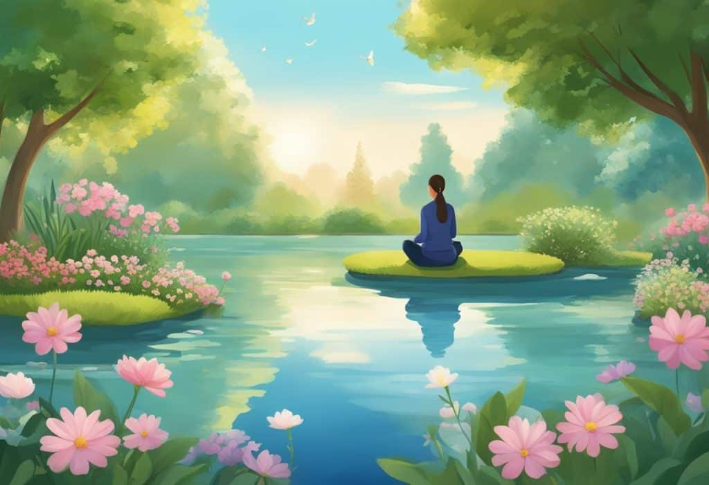 A serene garden with blooming flowers, a tranquil pond, and a clear blue sky. A person sits in meditation, surrounded by symbols of peace and harmony