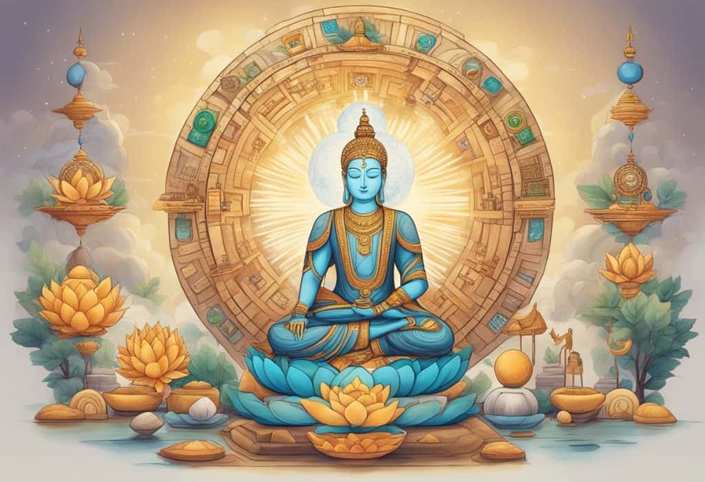 A serene setting with various symbolic objects representing different mantras and their meanings