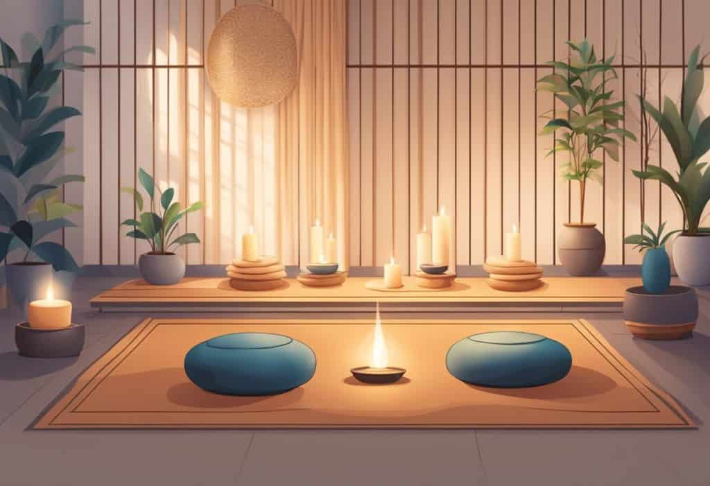 A serene meditation hall with cushions, candles, and incense. A peaceful atmosphere with soft lighting and minimalistic decor