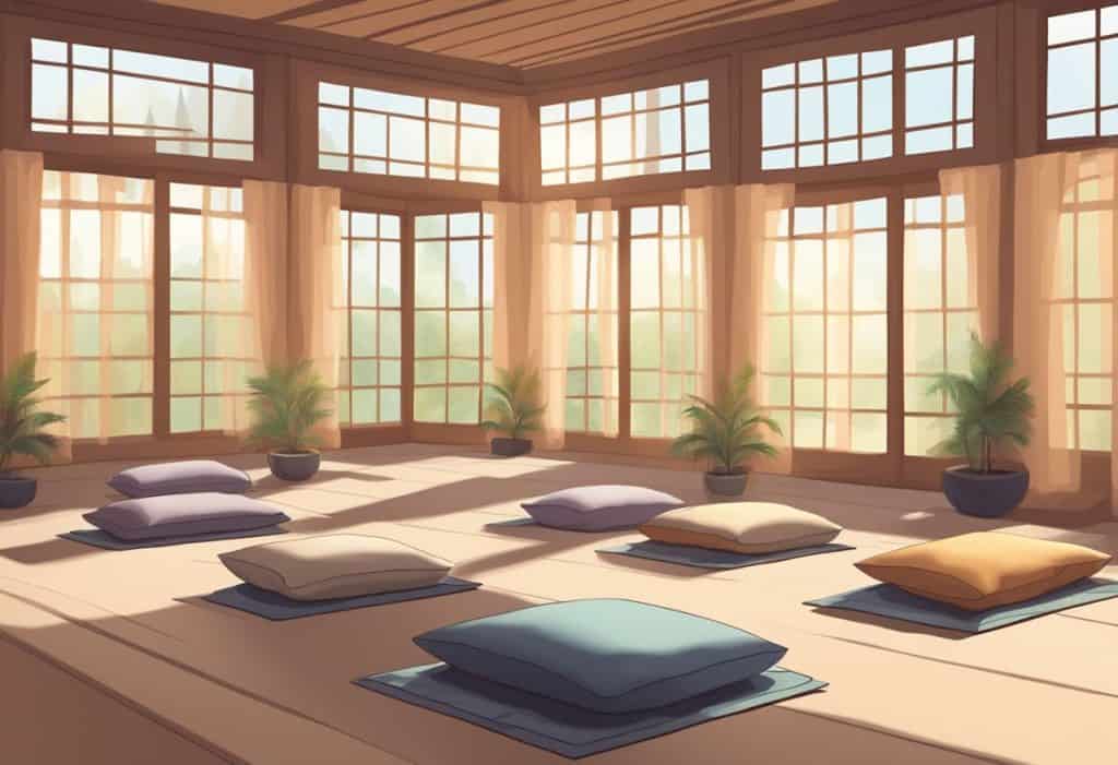 A serene meditation hall with cushions arranged in neat rows, soft light filtering through the windows, and a gentle breeze rustling the curtains