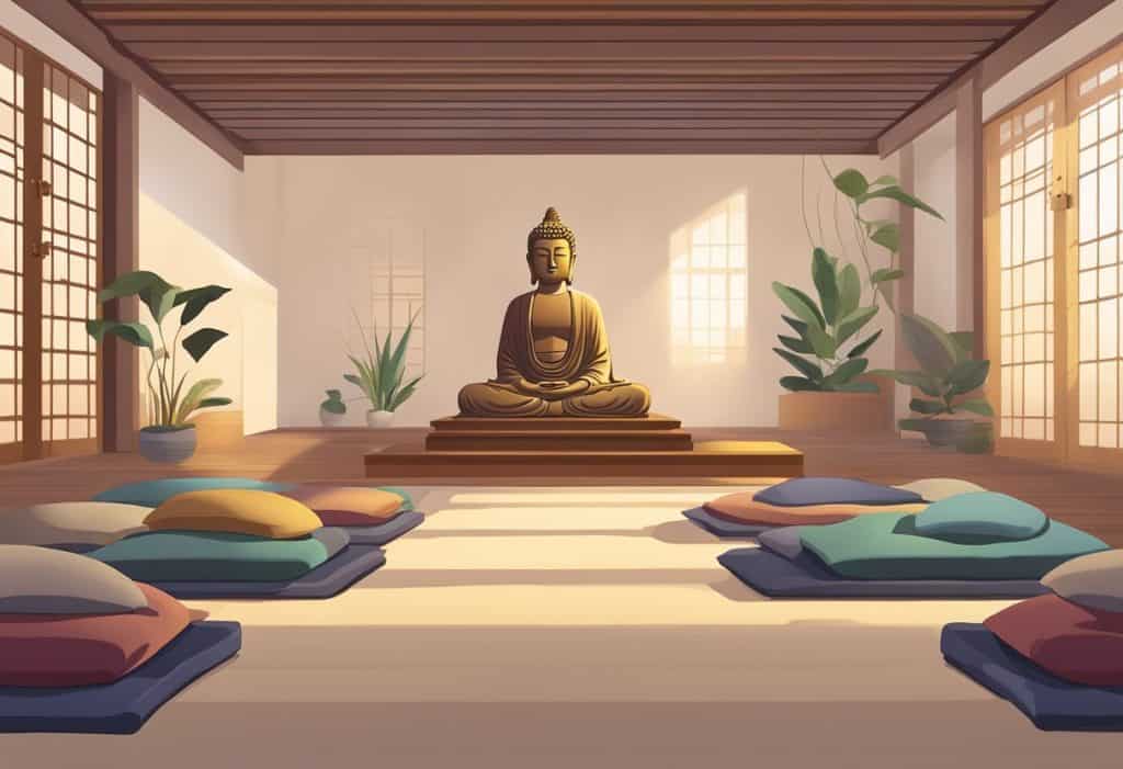 A serene meditation hall with cushions, a Buddha statue, and soft lighting