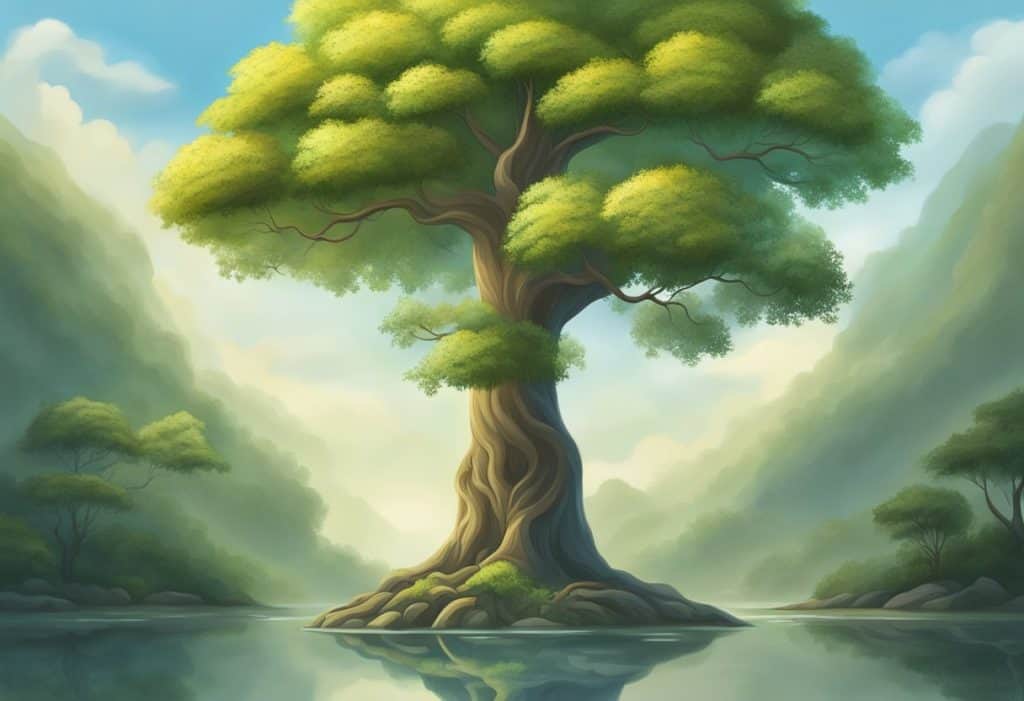 A serene Bodhi tree stands tall, surrounded by peaceful nature