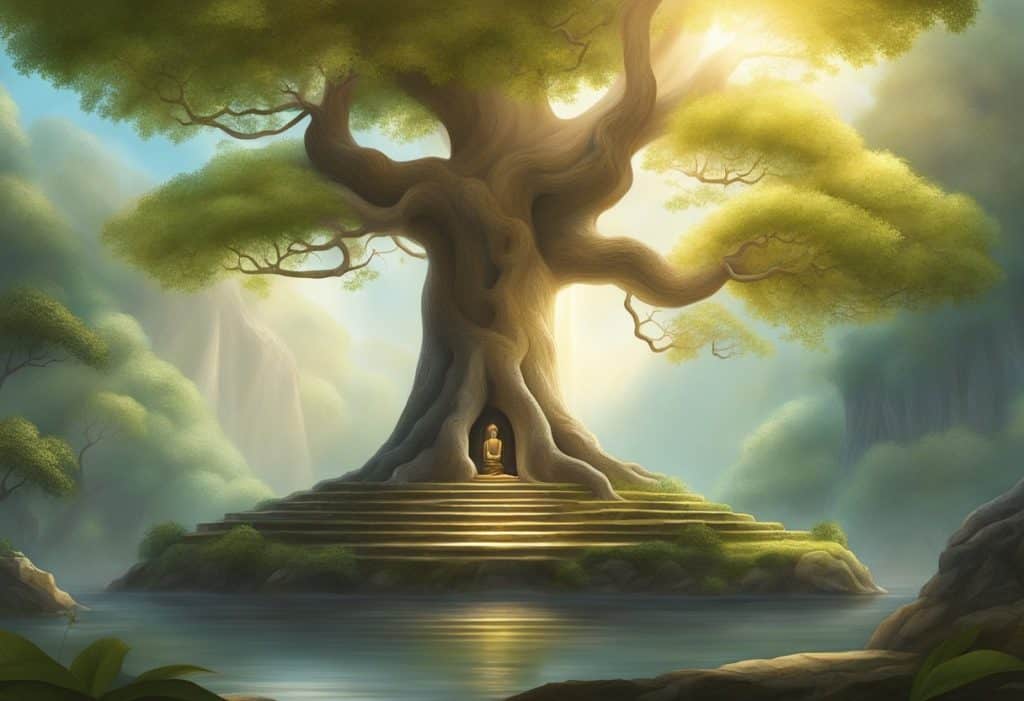 A serene Bodhi tree stands tall, surrounded by symbols of Buddhist teachings and enlightenment. Rays of light illuminate the scene, evoking a sense of peace and spiritual awakening