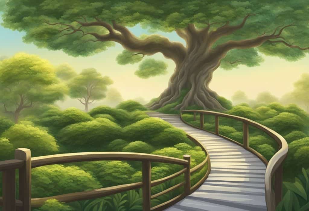 A serene path winds through a tranquil garden, leading to a radiant Bodhi tree under the clear sky