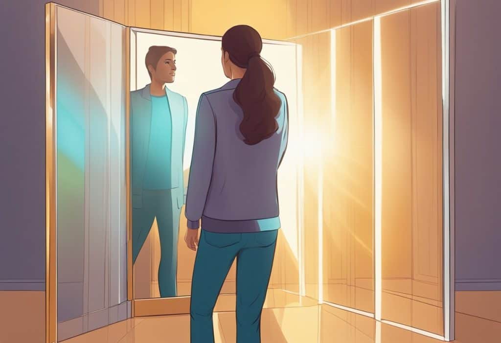 A person standing in front of a mirror, looking at their reflection with a determined and empowered expression. Rays of light shining from within them, symbolizing their inner power
