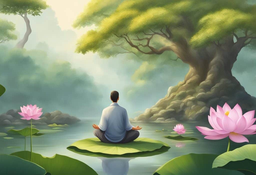 A serene garden with blooming lotus flowers and a peaceful meditator under a Bodhi tree