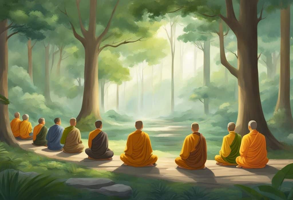 A serene forest with a peaceful atmosphere, where a group of monks gather to listen to the Buddha recite the Metta Sutta