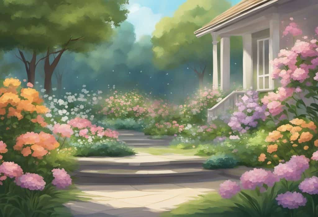 A serene garden with blooming flowers, a gentle breeze, and a peaceful atmosphere