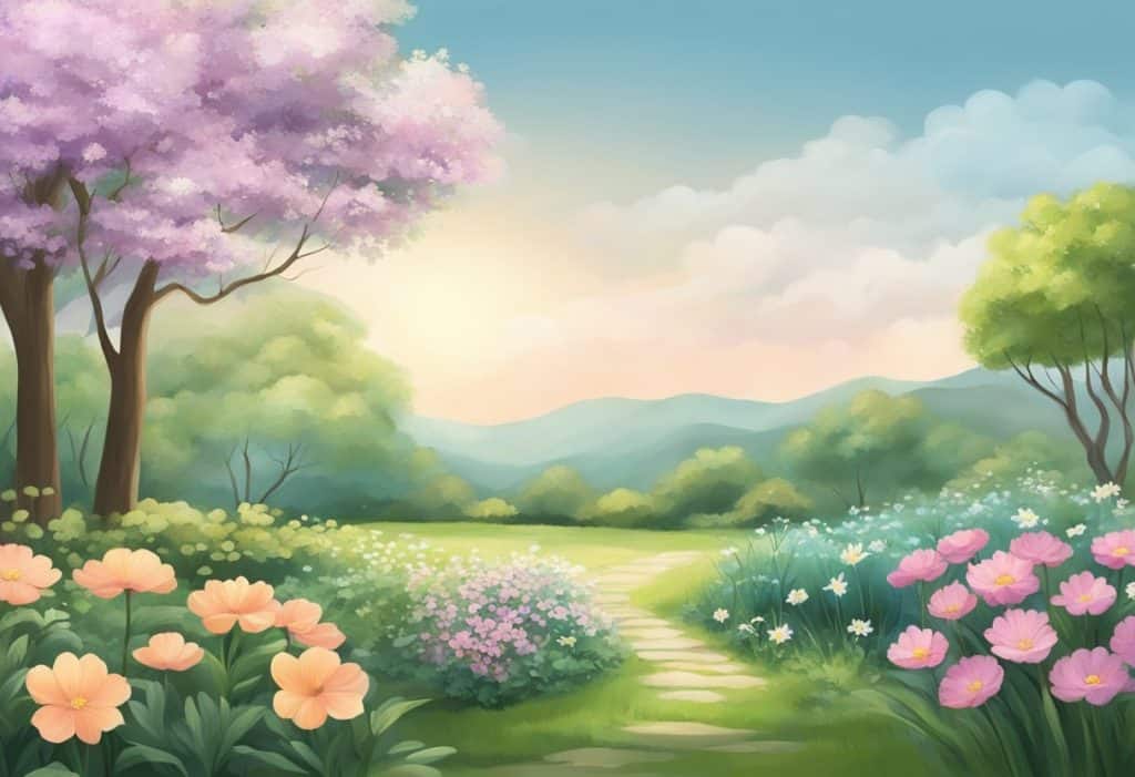 A serene garden with blooming flowers, a gentle breeze, and a peaceful atmosphere, symbolizing the daily practice of the Metta Sutta
