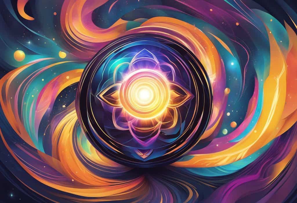 A glowing orb radiates energy, surrounded by swirling patterns and vibrant colors, symbolizing inner power