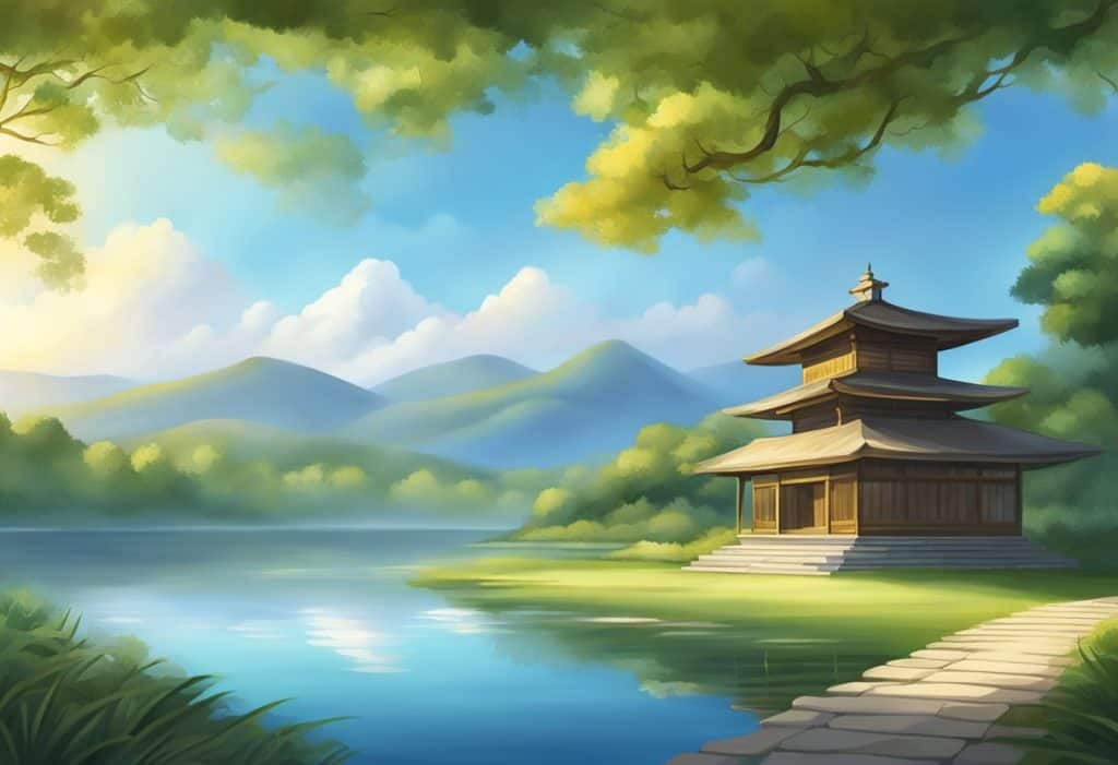 The scene depicts a serene landscape with a peaceful atmosphere, symbolizing the applications and benefits of the Metta Sutta