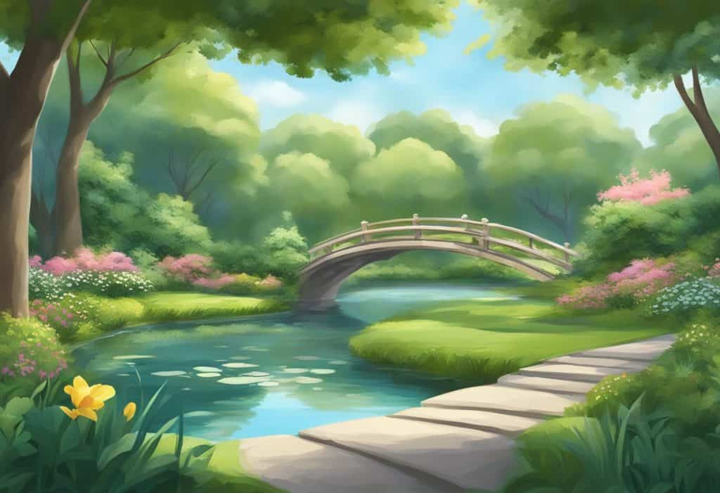 A serene garden with a peaceful atmosphere, featuring a tranquil pond, lush greenery, and a gentle breeze