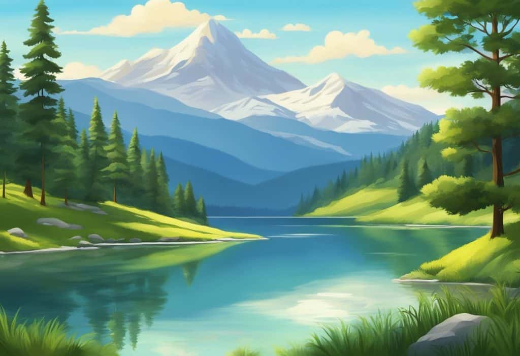 A serene mountain lake reflects the clear blue sky, surrounded by lush green trees and a distant snow-capped peak