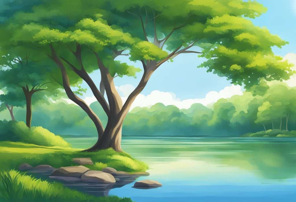 A serene landscape with a still lake, surrounded by lush greenery and a clear blue sky, representing tranquility and the origins of nirvikalpa
