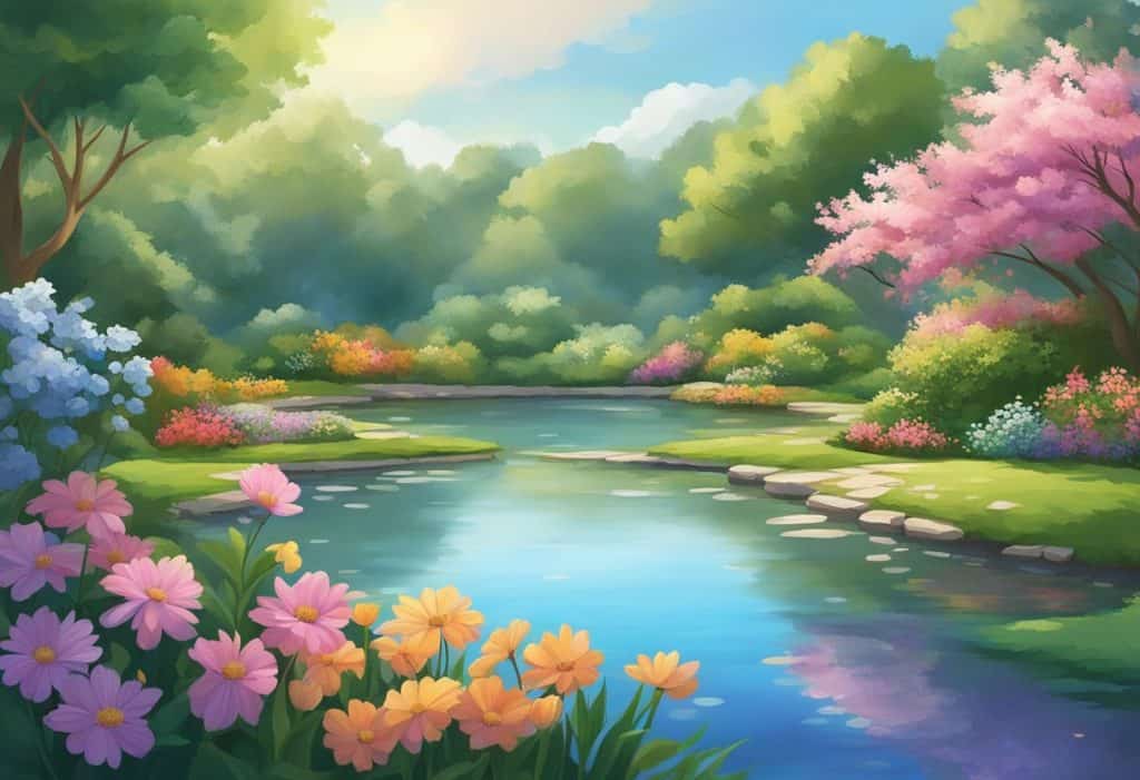 A serene landscape with a tranquil pond surrounded by lush greenery and colorful flowers, with a clear blue sky overhead