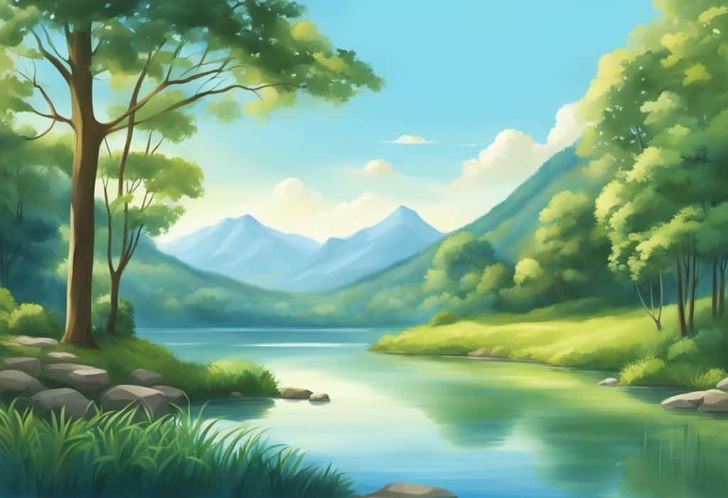 A serene landscape with a clear blue sky, lush greenery, and a tranquil body of water, evoking a sense of peace and personal transformation