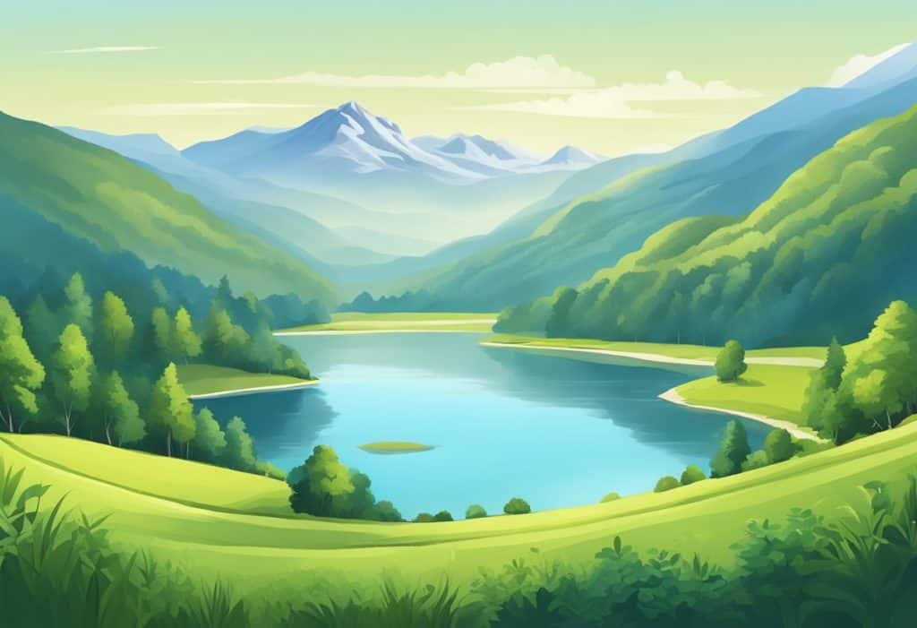A serene landscape with a tranquil lake, surrounded by lush greenery and mountains in the distance, under a clear blue sky
