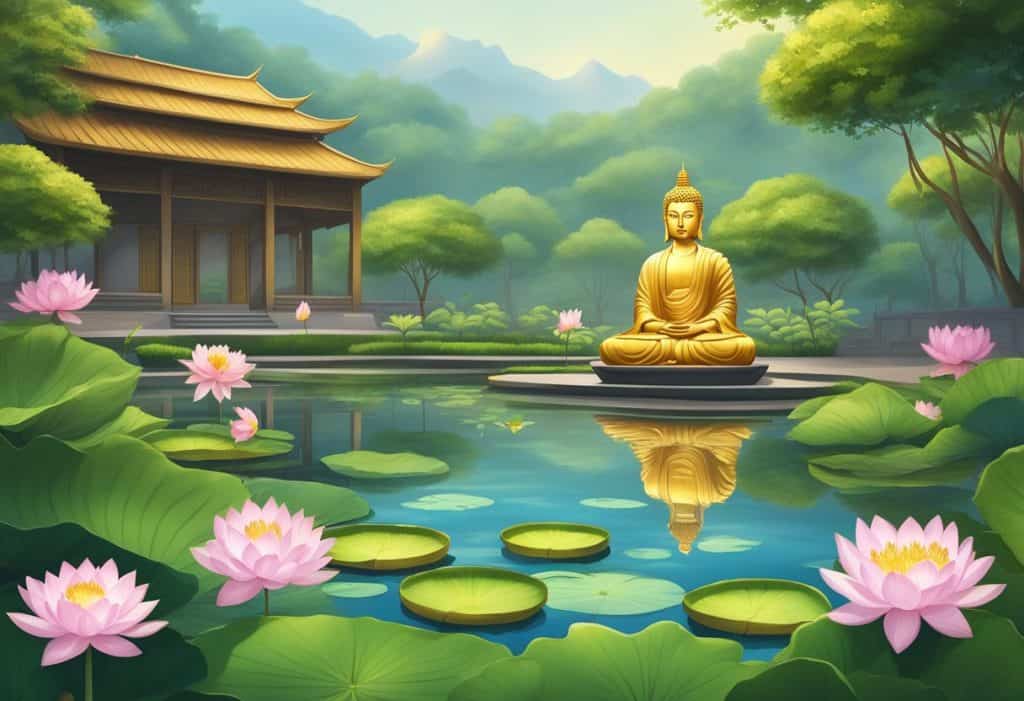 A serene garden with blooming lotus flowers, a peaceful pond, and a golden statue of Buddha surrounded by lush greenery