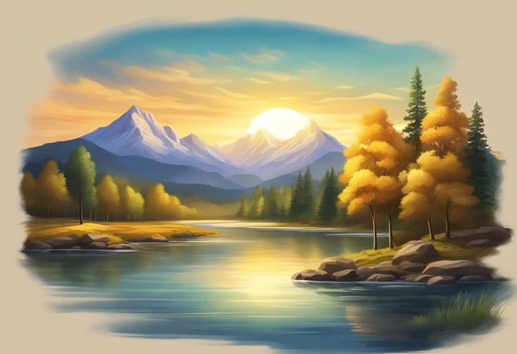A serene forest with a clear, flowing river and a majestic mountain in the background, under a golden sunset sky