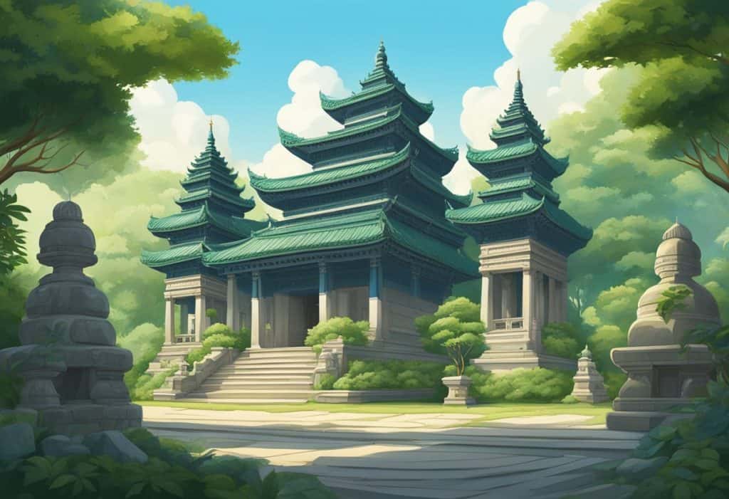The scene depicts a serene temple courtyard with intricate carvings and a central shrine, surrounded by lush greenery and a clear blue sky