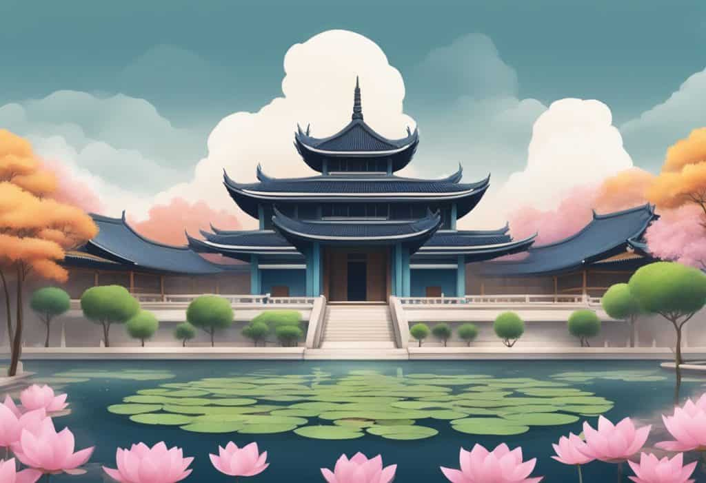 A serene temple courtyard with a lotus pond and incense smoke wafting through the air