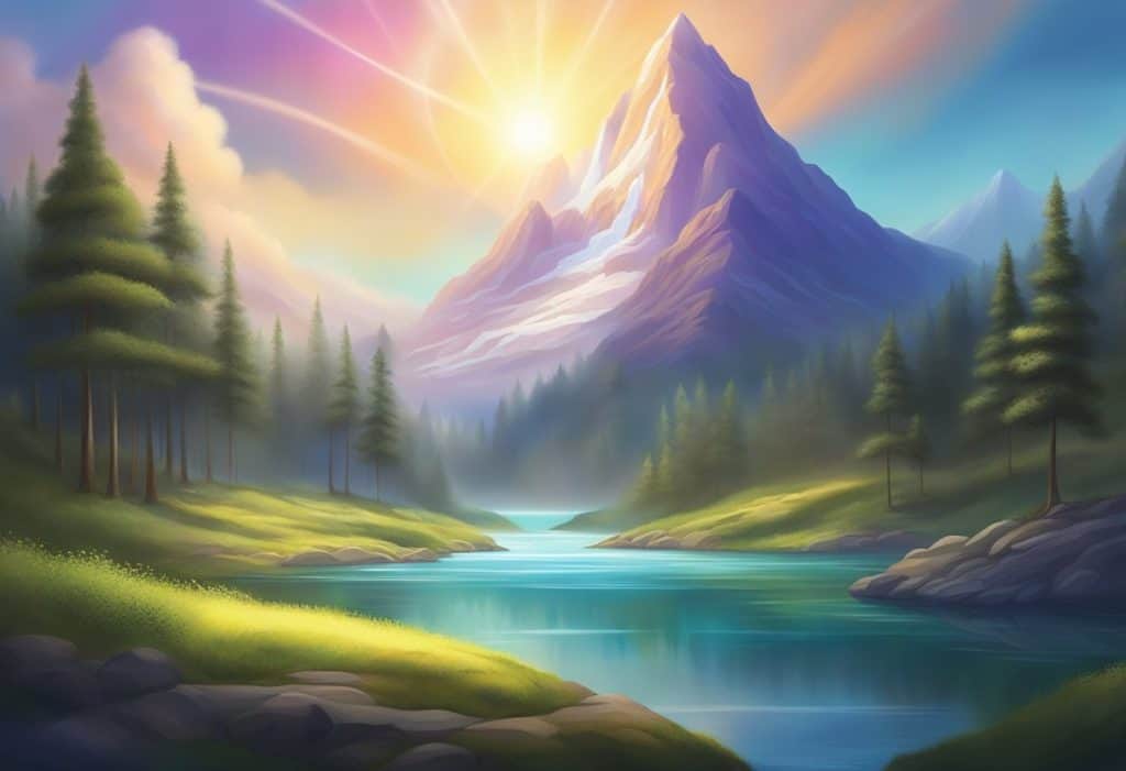 A serene mountain peak with a glowing aura, surrounded by flowing rivers and lush forests, emanating a sense of spiritual knowledge and liberation