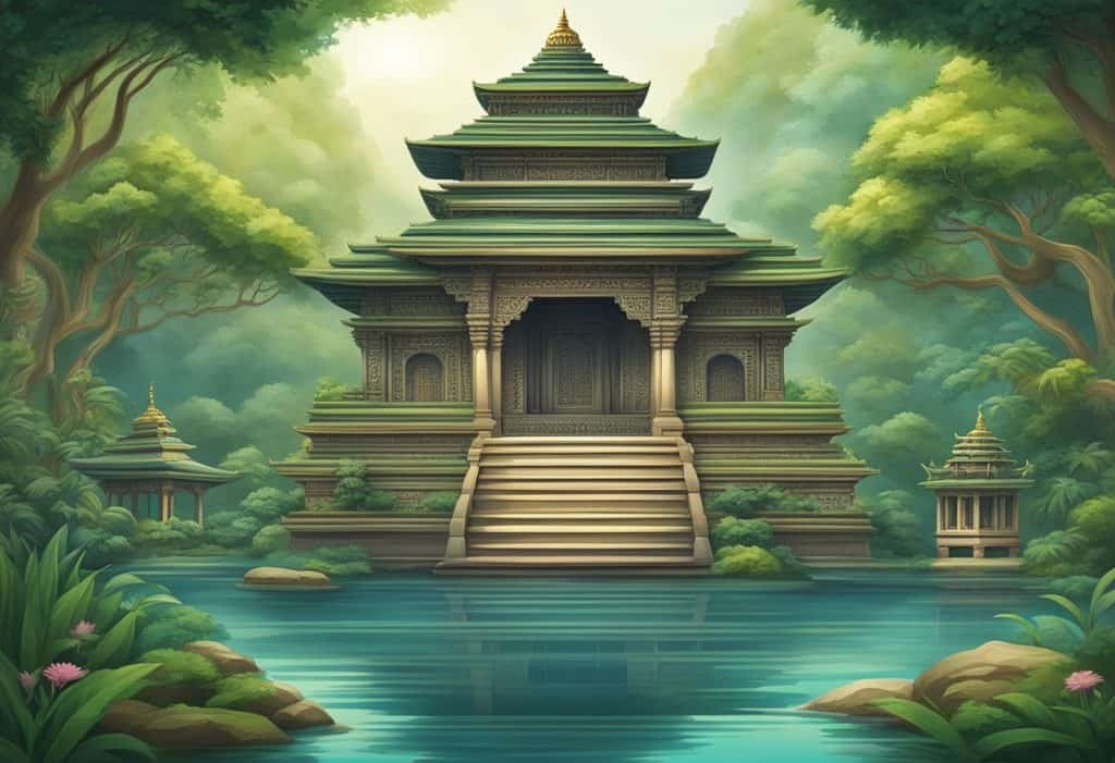 A serene temple with intricate carvings, surrounded by lush greenery and a flowing river, symbolizing the influence of Kularnava Tantra in society