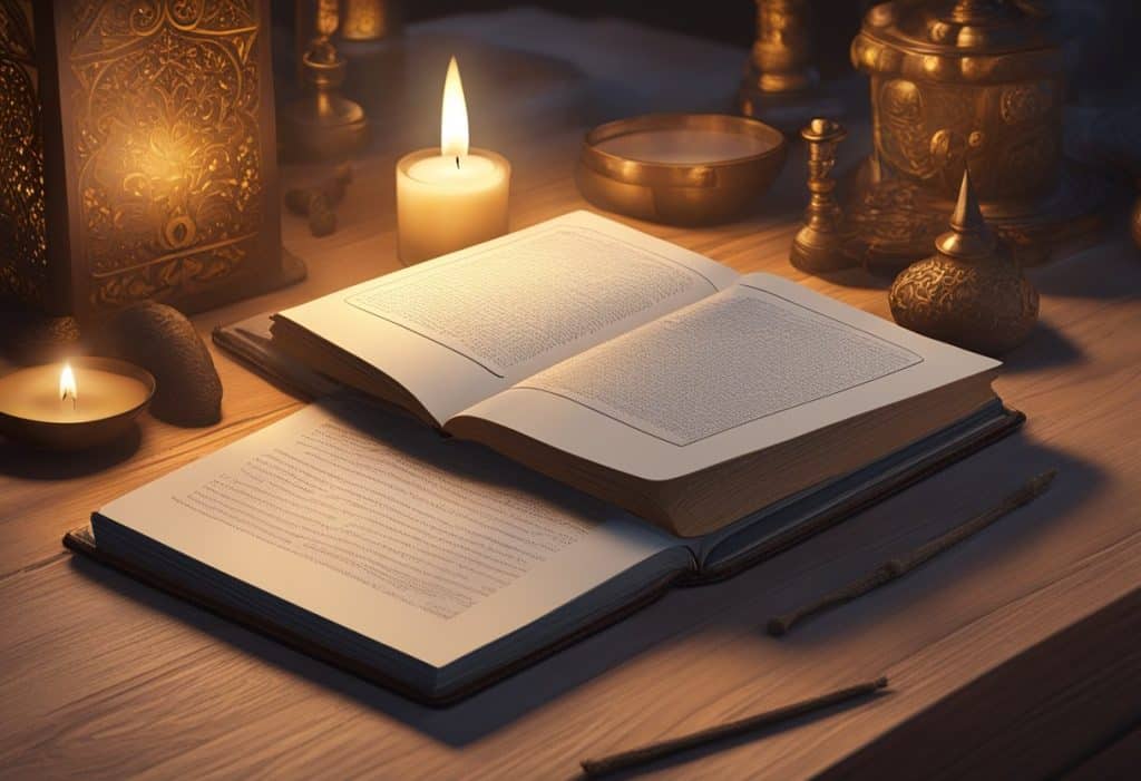The book "Frequently Asked Questions kularnava tantra" lies open on a wooden table, surrounded by incense sticks and a flickering candle