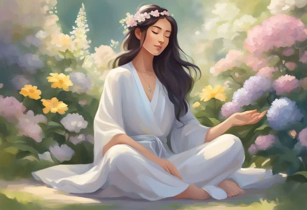 A serene figure sits cross-legged, surrounded by blooming flowers and gentle sunlight, radiating a sense of peace and compassion