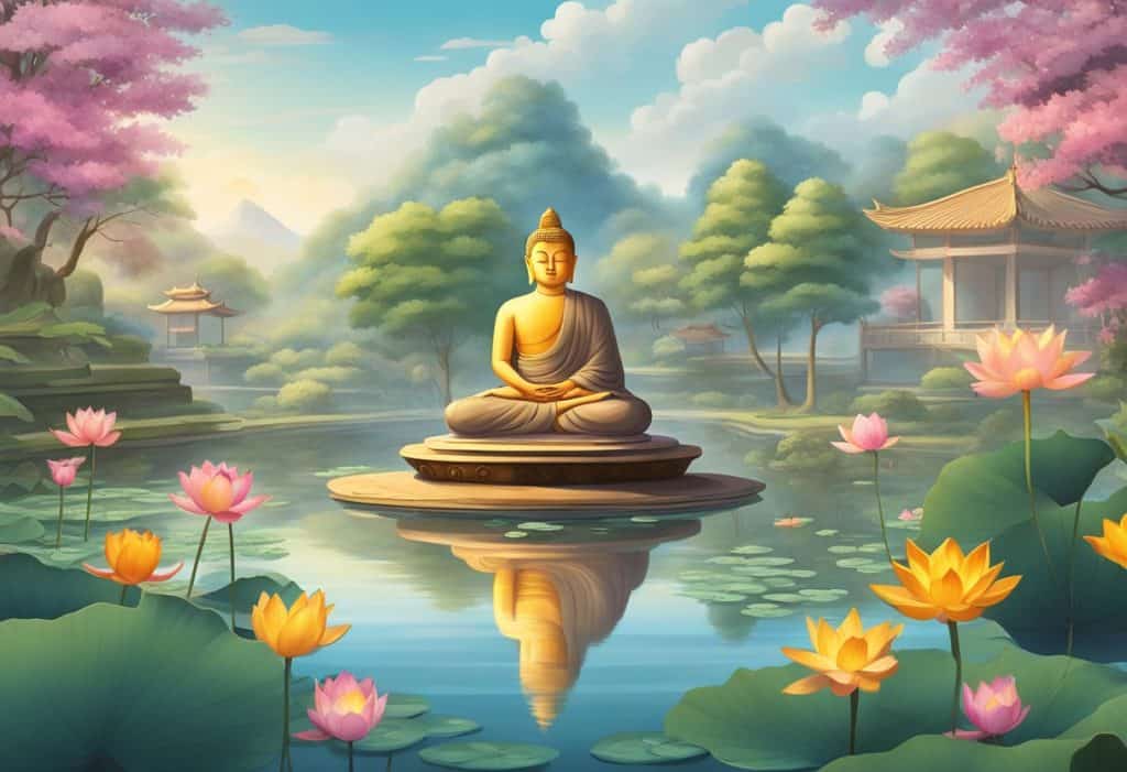 A serene garden with a lotus pond, incense burning, and a Buddha statue in the center, surrounded by meditating monks