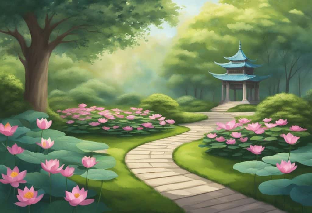 A serene path winds through a tranquil garden, leading to a peaceful meditation space with blooming lotus flowers and towering trees