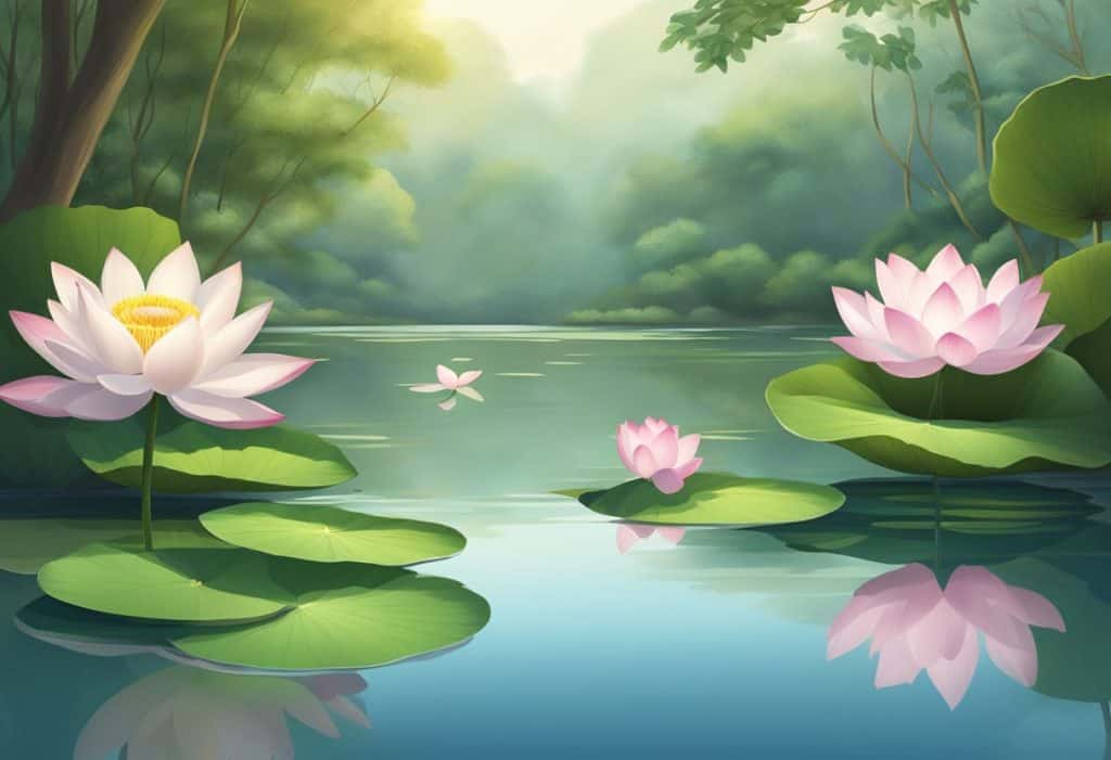 A serene and tranquil setting with a peaceful atmosphere, featuring a lotus flower blooming in a still pond surrounded by lush greenery and a gentle breeze